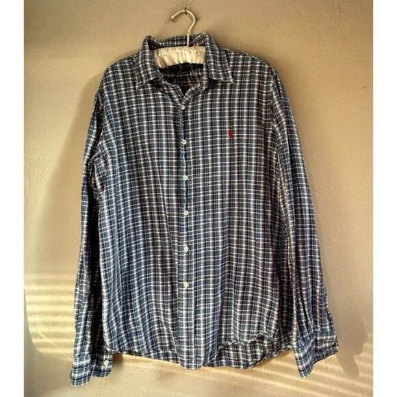 Ralph Lauren Mens Large Custom Fit Button-Down Plaid Shirt Blue/White Cotton